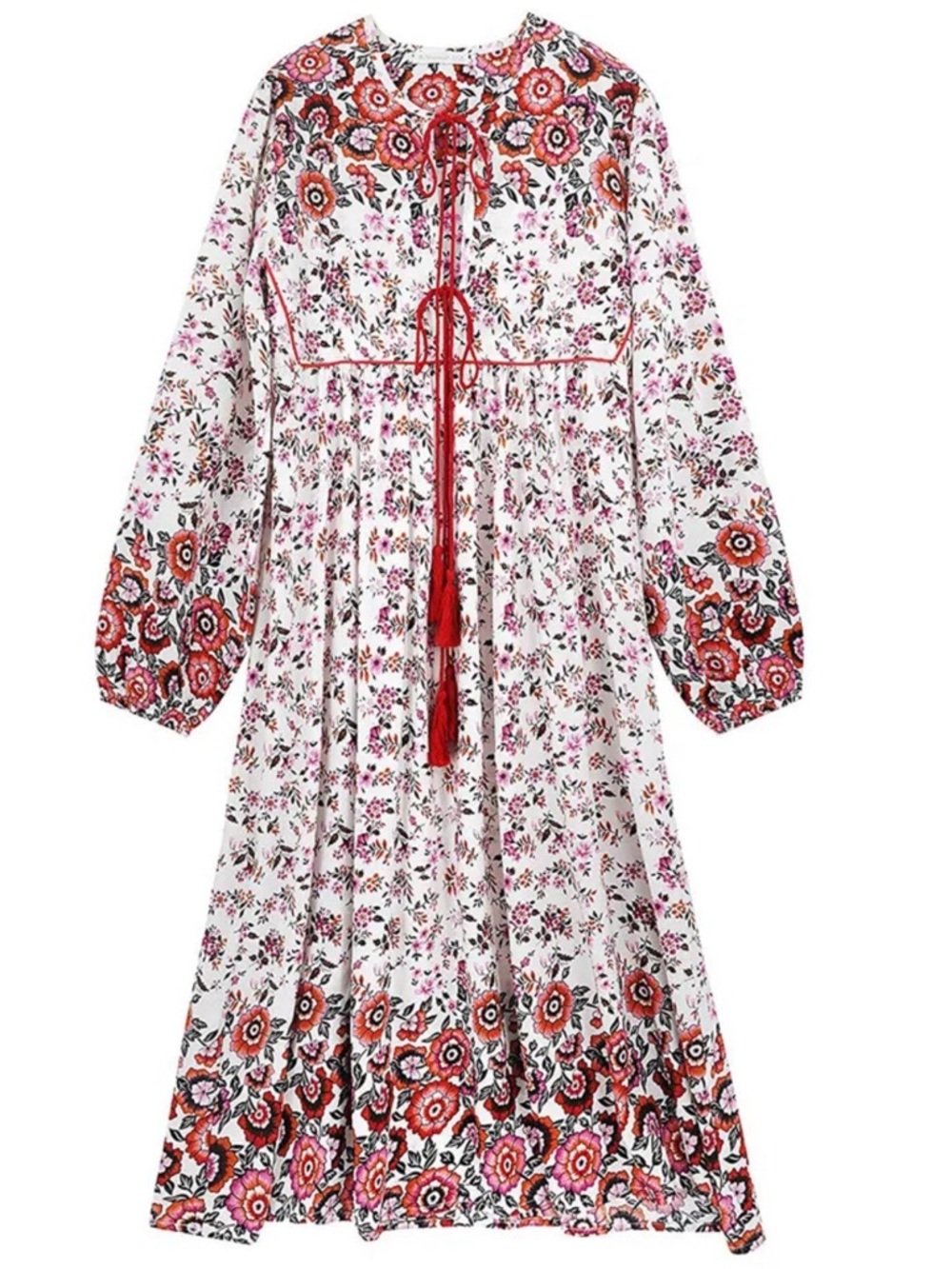 Boho Floral Long Sleeve Maxi Dress - Red Floral on White